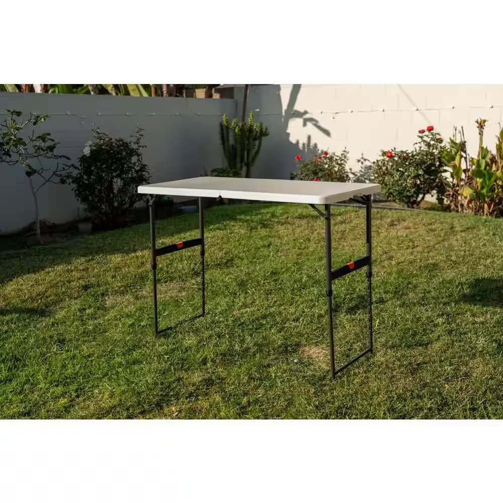 4 Ft. Almond Resin Top Single Hand Adjustable Height Rectangular Folding Utility