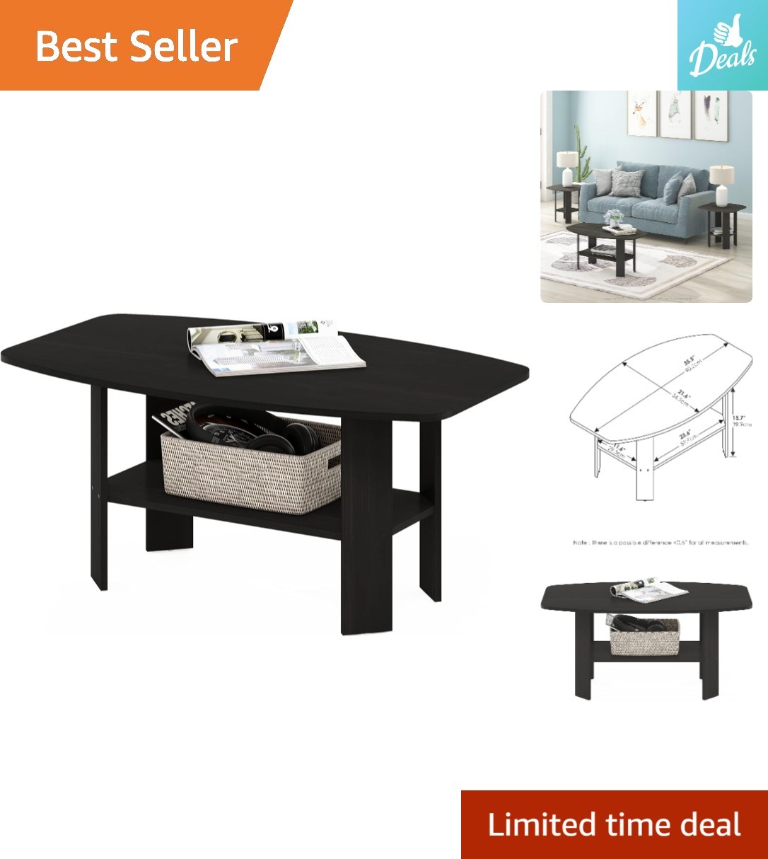 Versatile Espresso Coffee Table with Rounded Edges – Fits Perfectly in Any Room
