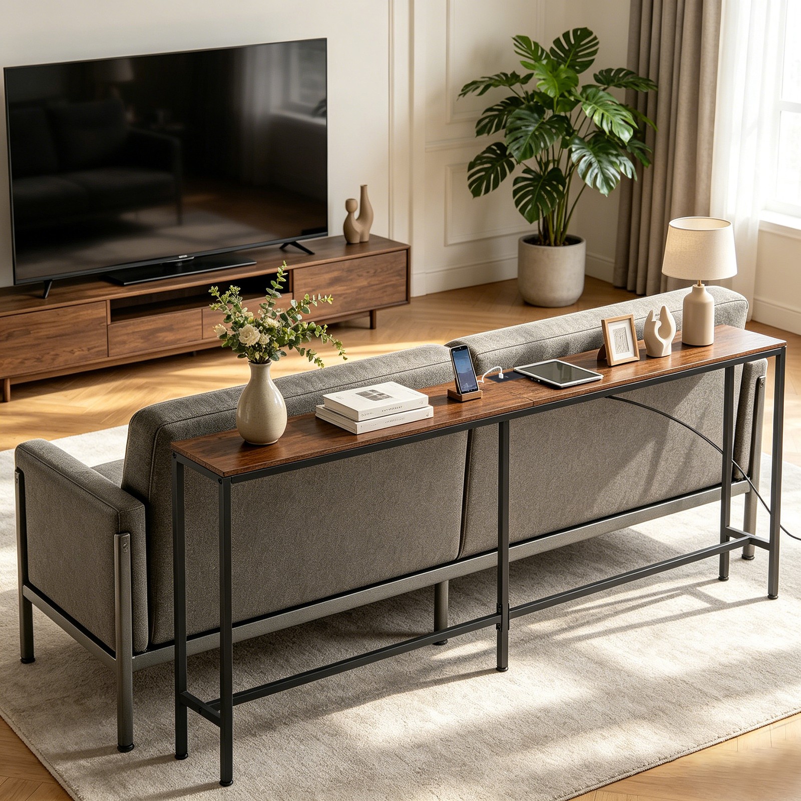 Console Table 71″ Narrow Sofa Table Industrial Entryway Table with Power Outlet