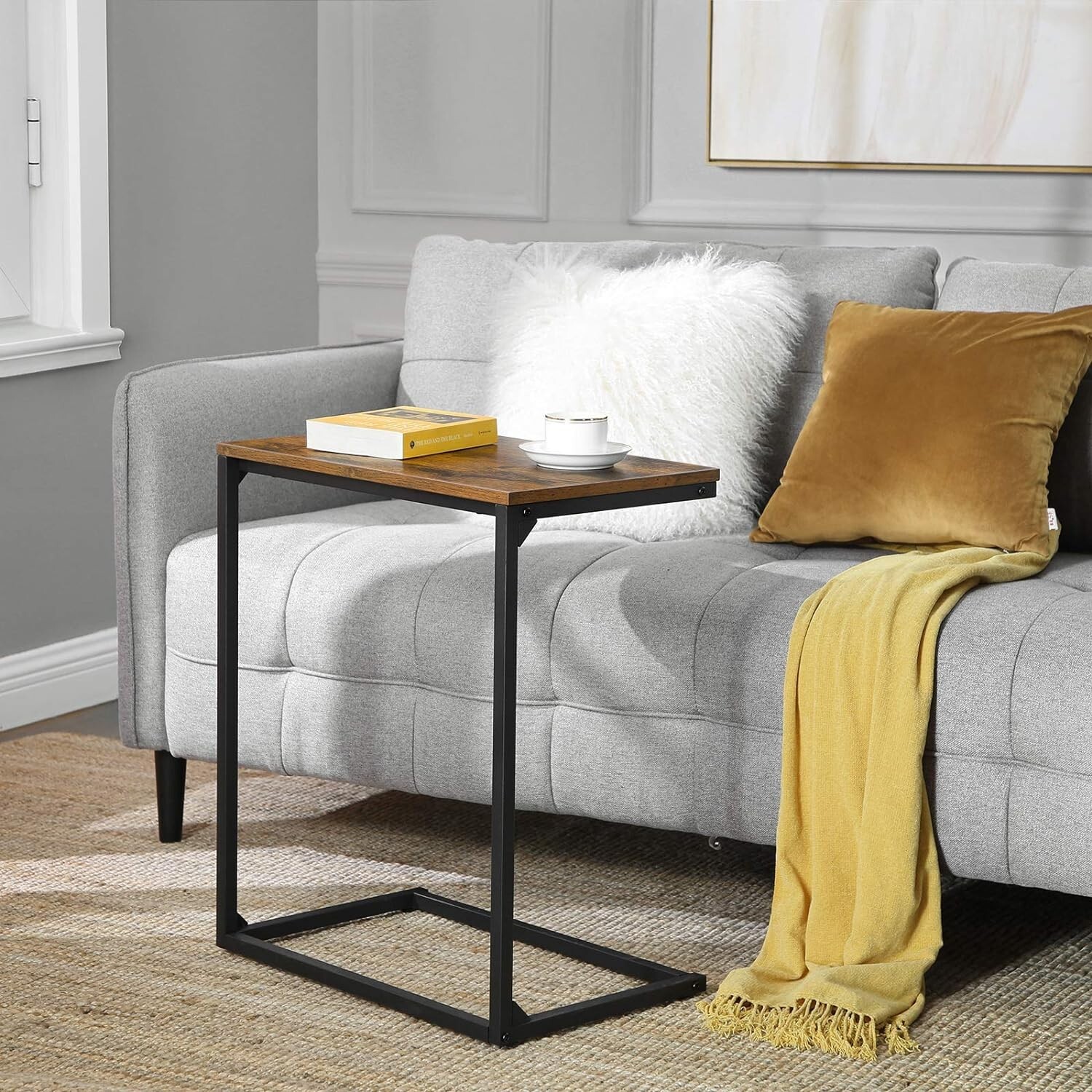 Industrial C-Shaped Coffee Table with Adjustable Feet – 13.8 x 21.7 x 26 Inches