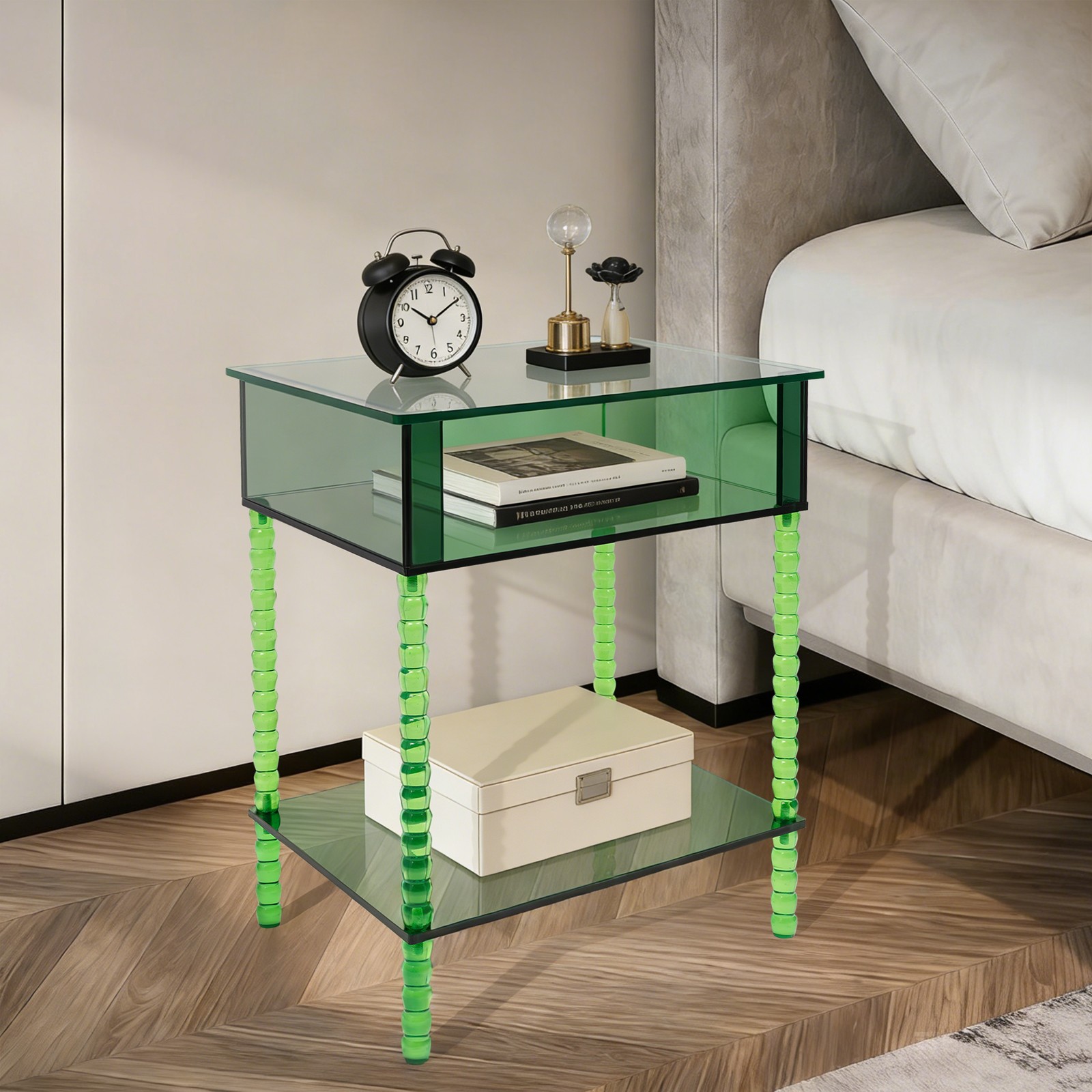 Acrylic Side Table End Table w/ Storage Nightstand for Living Room Bedroom Green