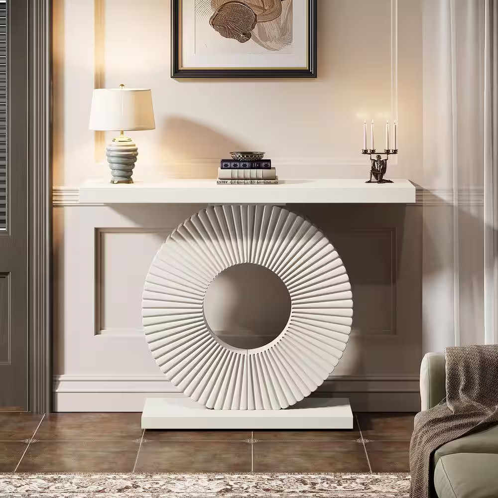 Turrella 39 In. White Rectangle Engineered Wood Console Table with O Shaped Base