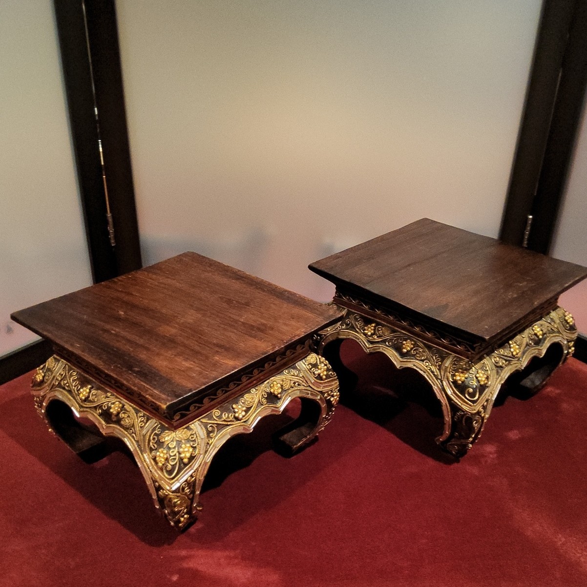 Set of 2 Thailand Teak Wood Carving Decor, With Gold Thai Design. (L12″W10″ H9″)