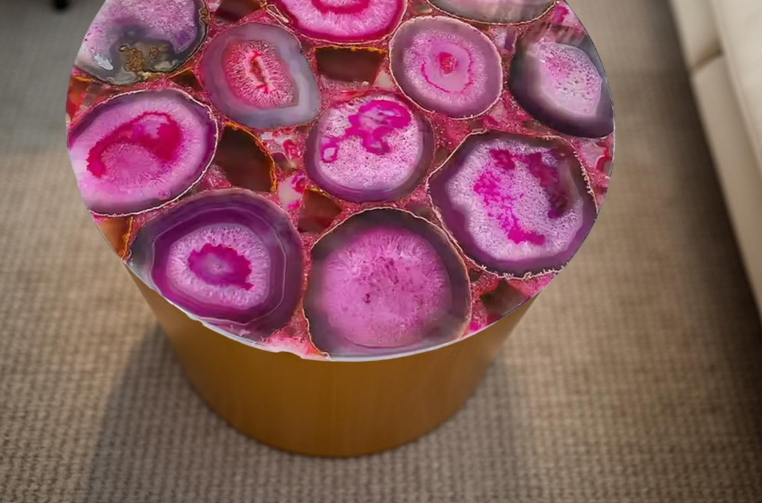 Pink Agate Round Coffee Table | Handmade Gemstone Side Table for Living Room