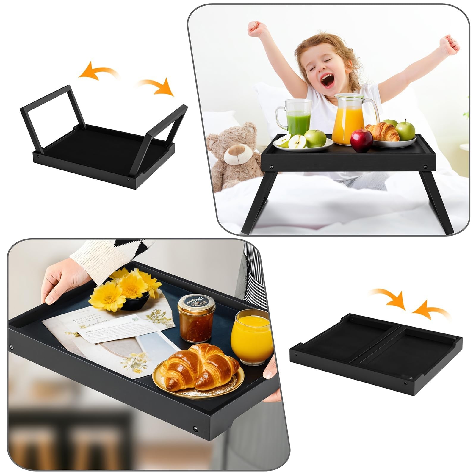 RRX Bed Tray Table with Folding Legs, Breakfast 15.8″ x 11.8″ x 1.6″, Black
