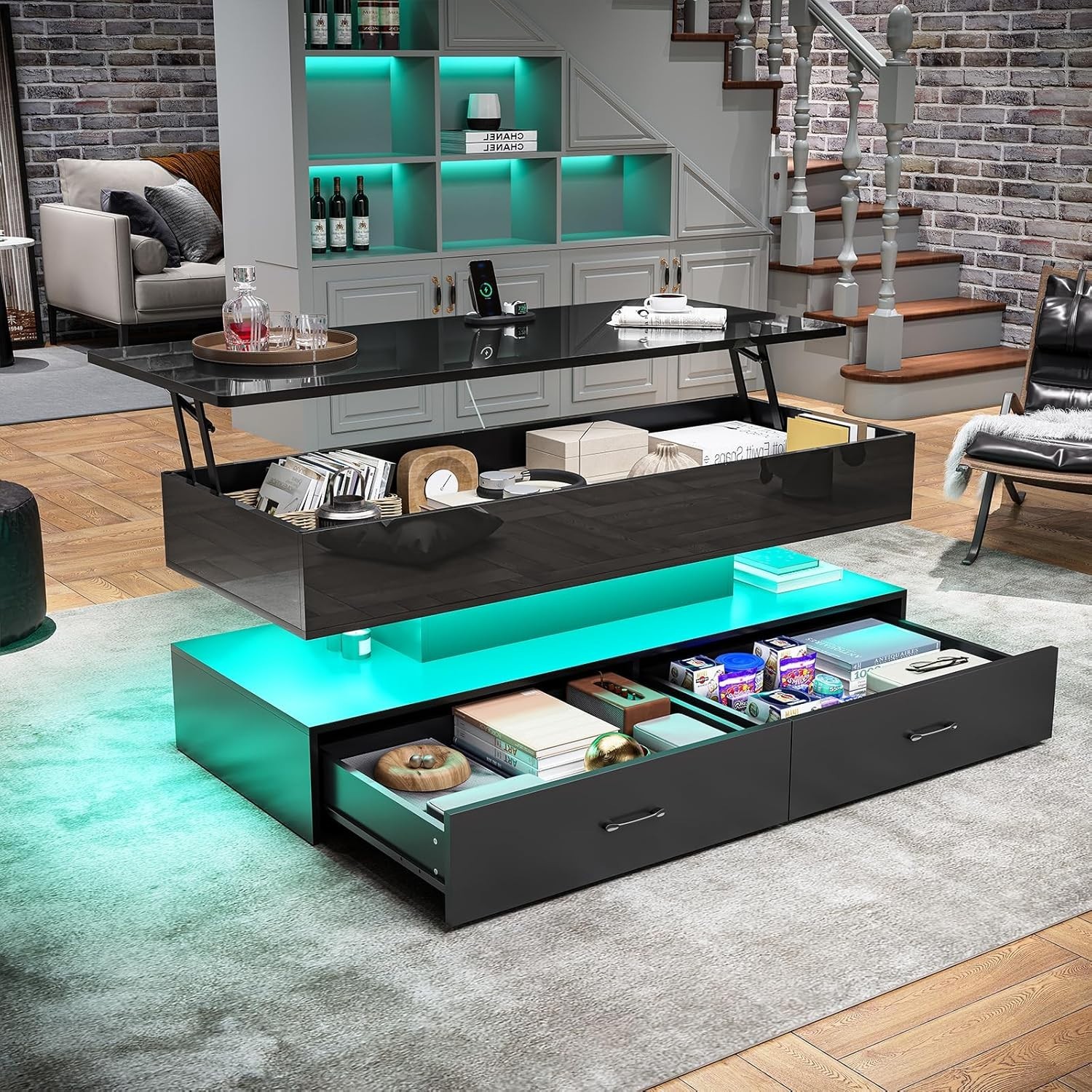 47.2″ Lift Top Coffee Table wih 2 Drawers & LED Light for Dining Reception Room