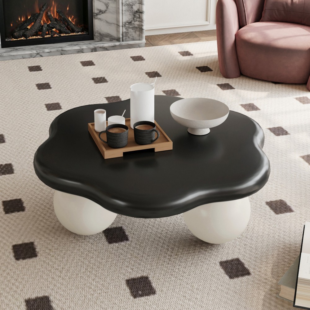 35″ Cloud Coffee Table, Petal-Shaped, Black Top White Legs, Spherical Base