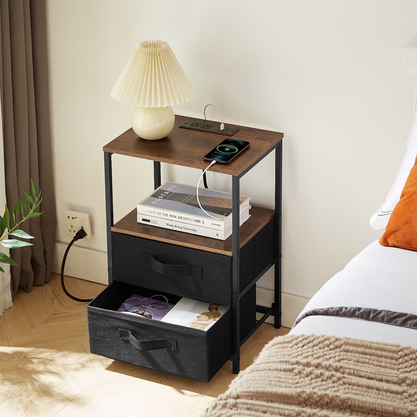 End Table w/Charging Hub, Nightstand (USB, Outlet), Shelf for Home/Office