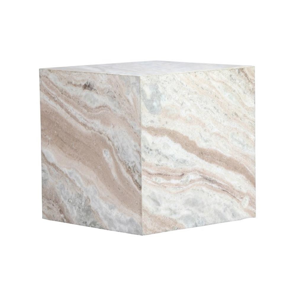 Maklaine Transitional 15″ Square Marble Side Table in Cream Finish