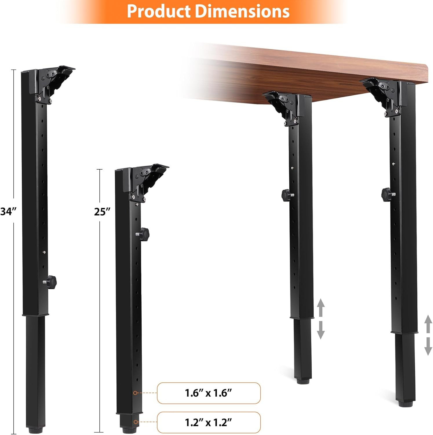 Folding Adjustable Square Table Legs 4 PCS, Adjustable Height 25”- 34” DIY Desk