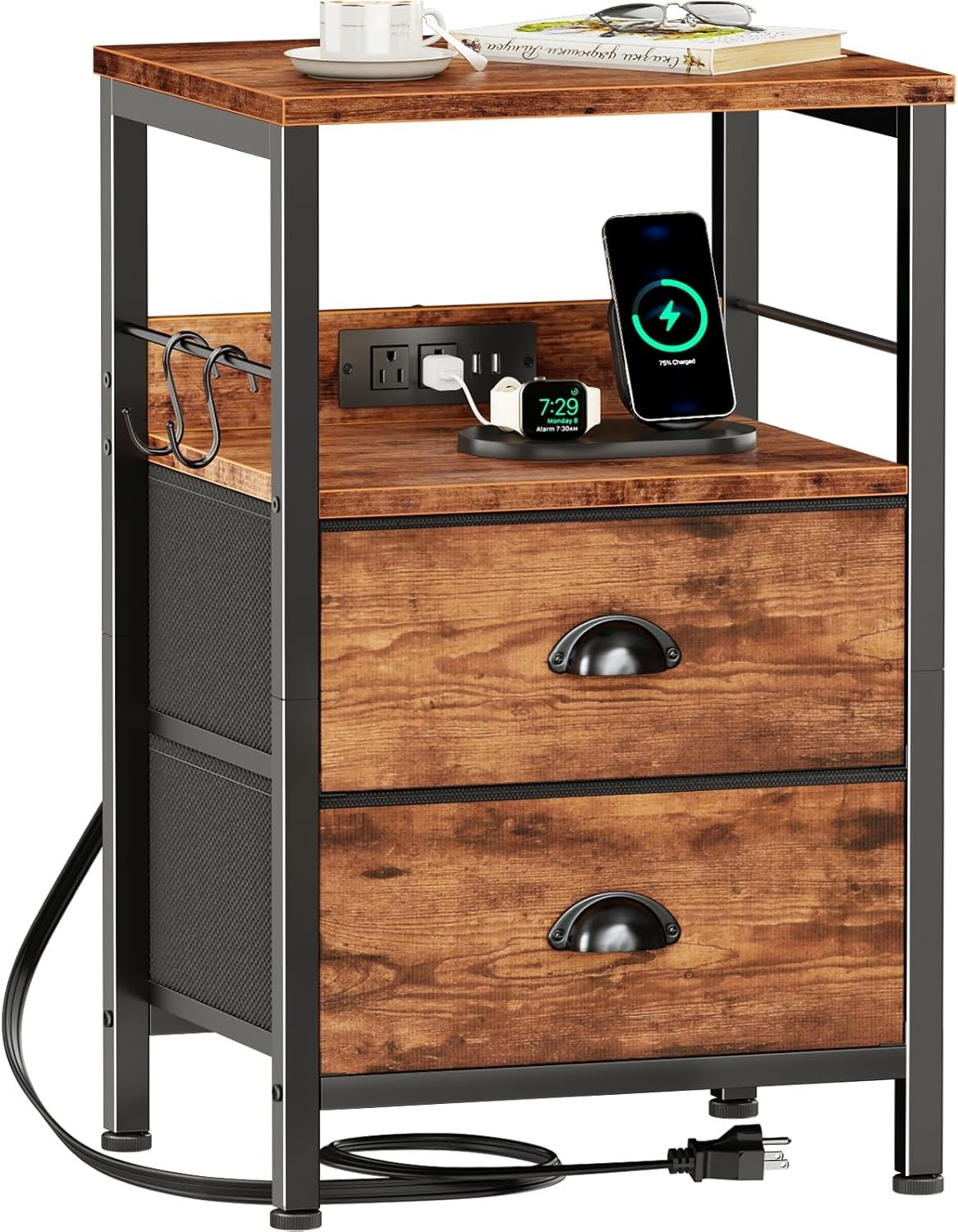 Innovative End Table with USB Charging, Hooks & Elegant Design for Any Room