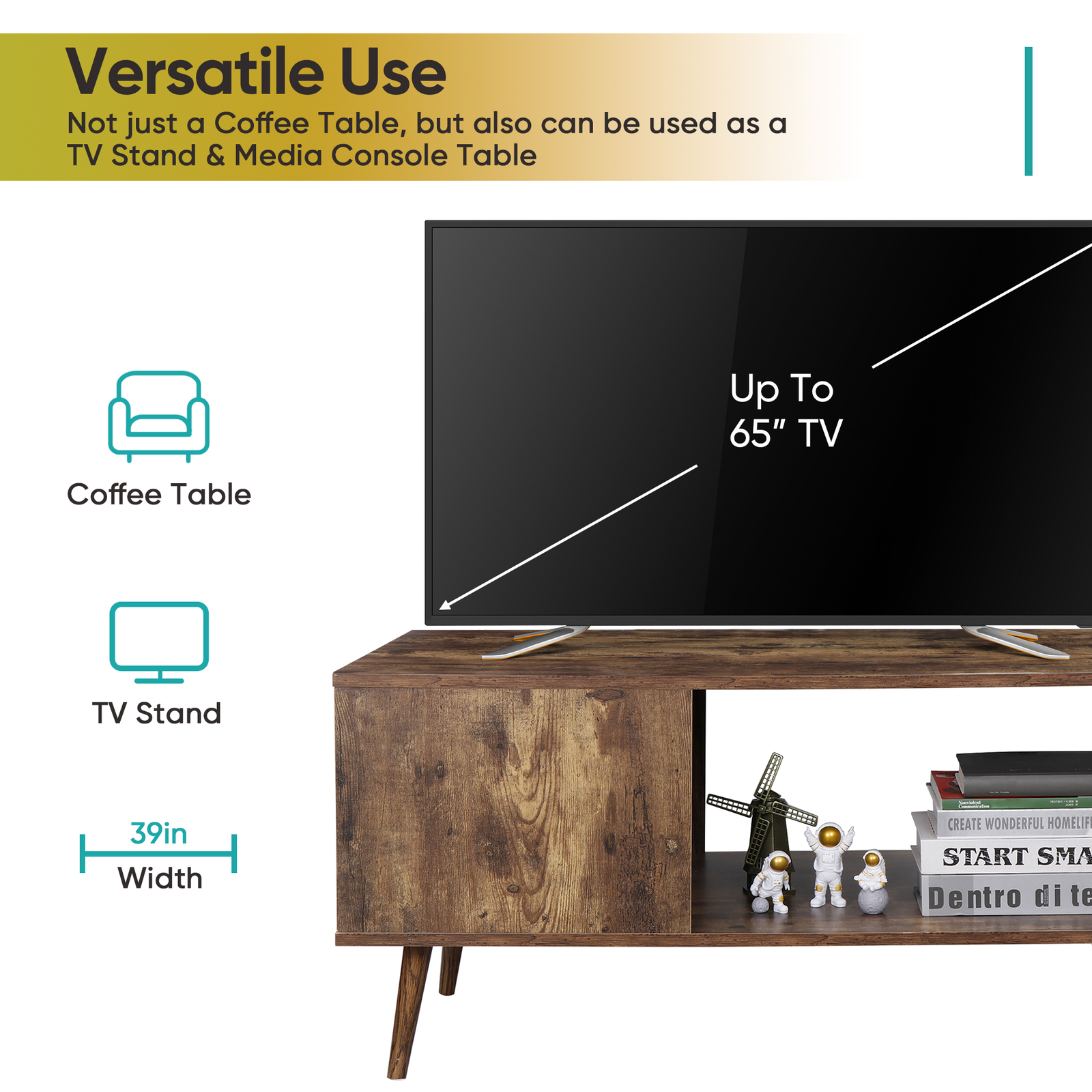 Retro Rectangular Coffee Tea Table Wooden Open Storage Shelf For Living Room
