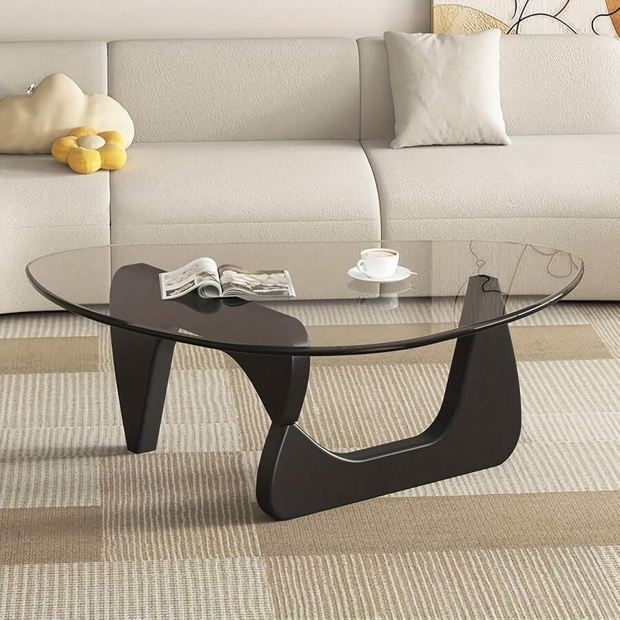 Walnut Wood & Glass Coffee Table, Triangular/Oval Modern Living Room Table