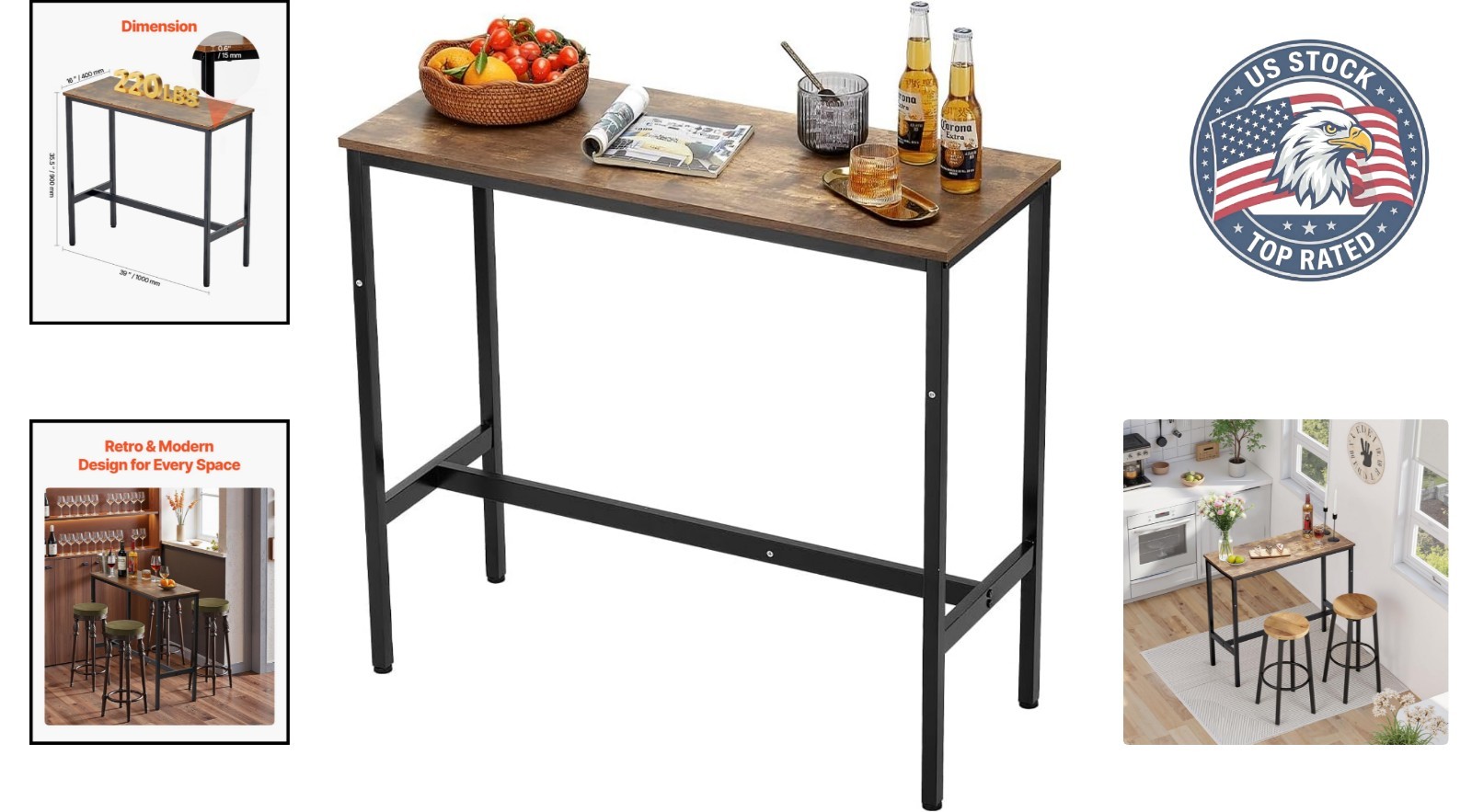 Rustic Industrial High Top Pub Table – Easy Assembly, 39×16 in for Stylish Homes