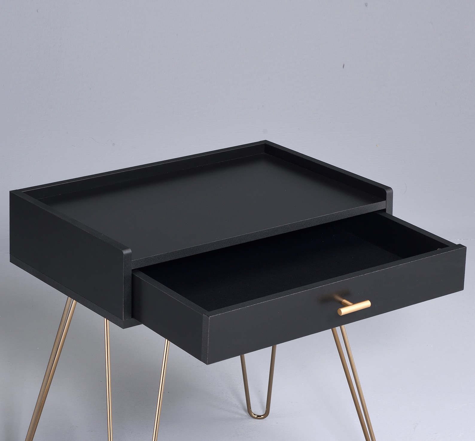 Black and gold coffee table, MDF + metal, one drawer, wooden top, metal legs