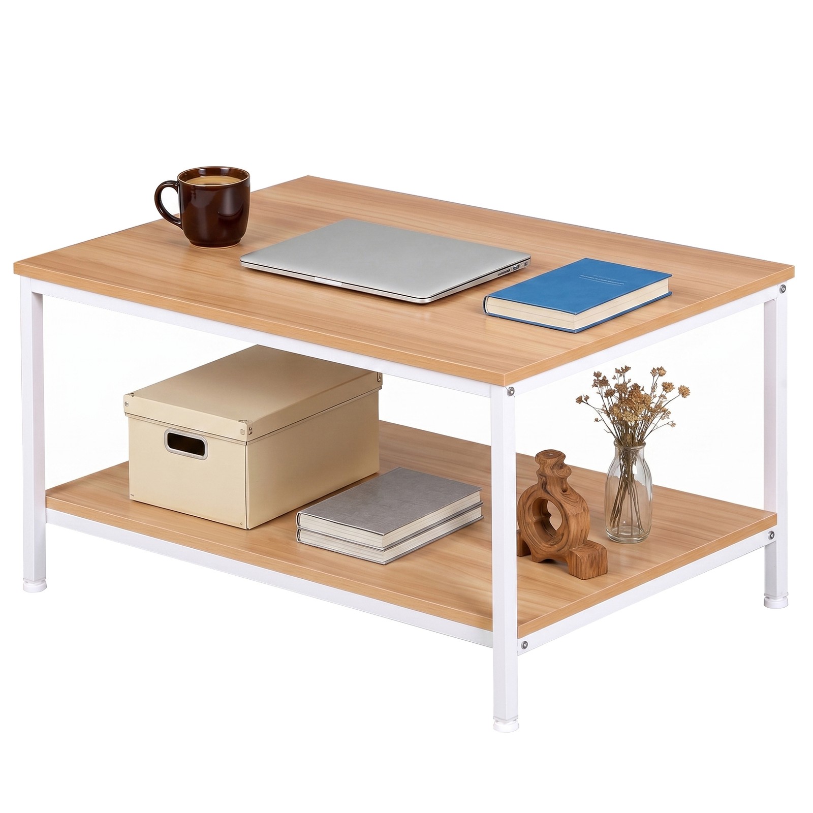 31″ Natural Wood Coffee Table Rectangular Coffee Table w/Storage Shelf Durable