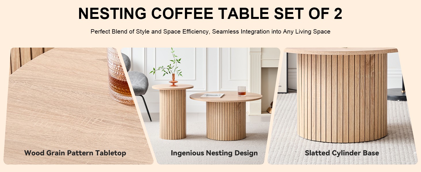 Round Nesting Coffee Tables for Living Room, Set of 2, Natural | φ27.6 + φ15.8