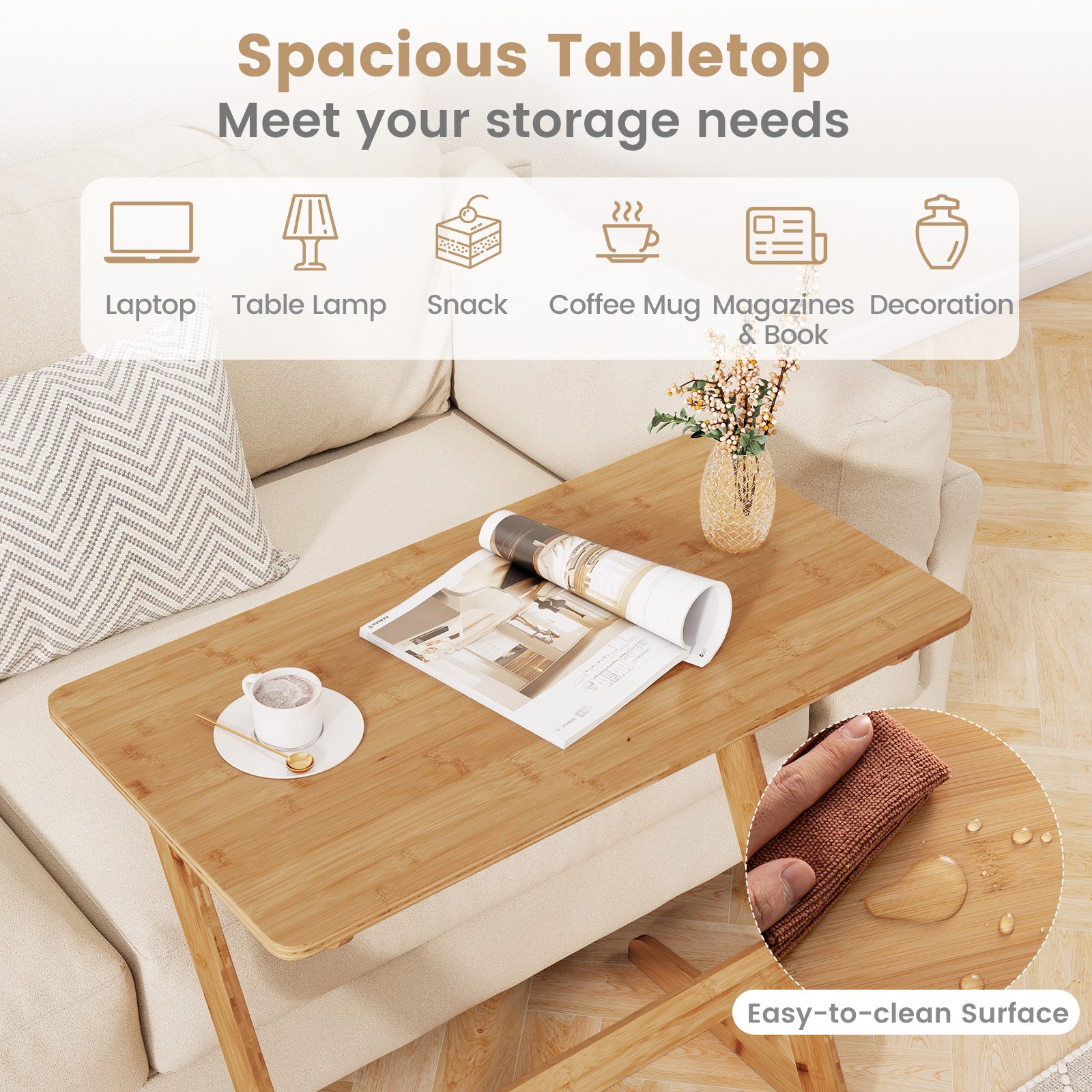 Bamboo Sofa Side Table Z-Shaped Spacious Tabletop Space-Saving TV Snack Tray
