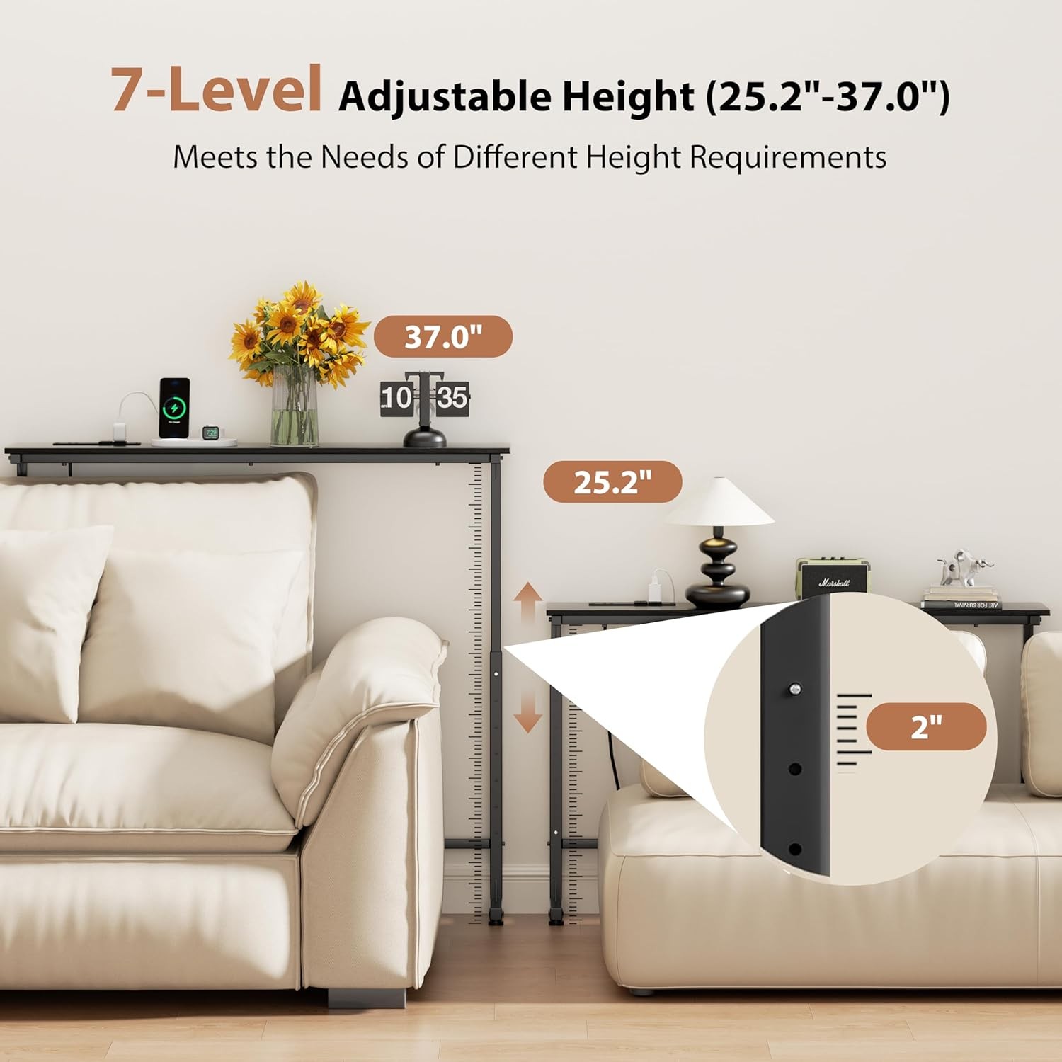 45″ Adjustable Height Narrow Console Table W/ Power Outlets Long Sofa Table