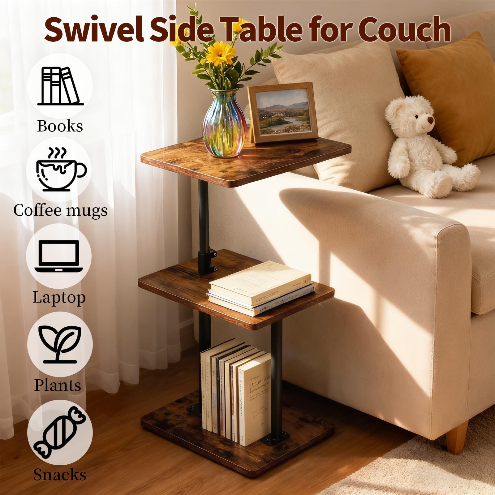 Swivel Side Table for Couch, 3 Tier Small End Table Adjustable Height with Ro…