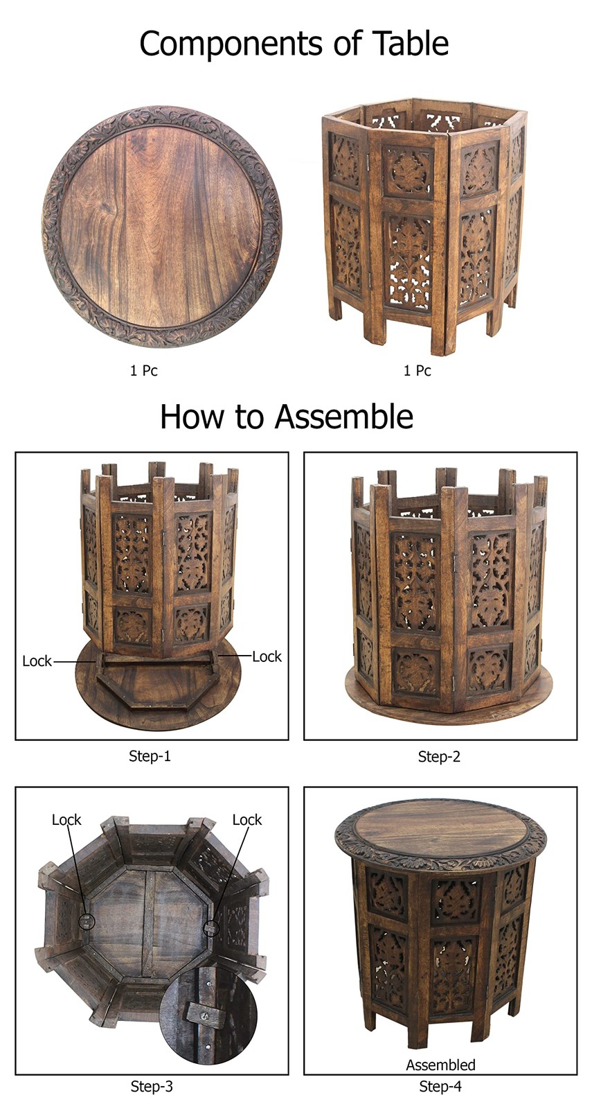 Solid Wood Accent End Table – Hand Carved Vintage Boho Folding Side Table – S…