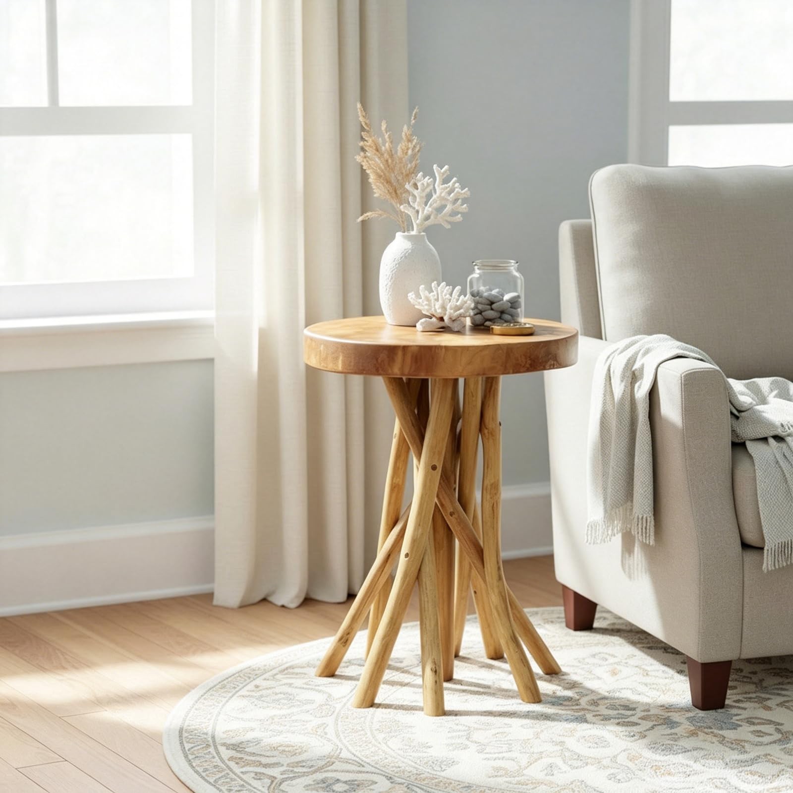 Teak Wood Stick Leg End Table, 16″ L x 16″ W x 20″ H Rustic Side Table, Small…