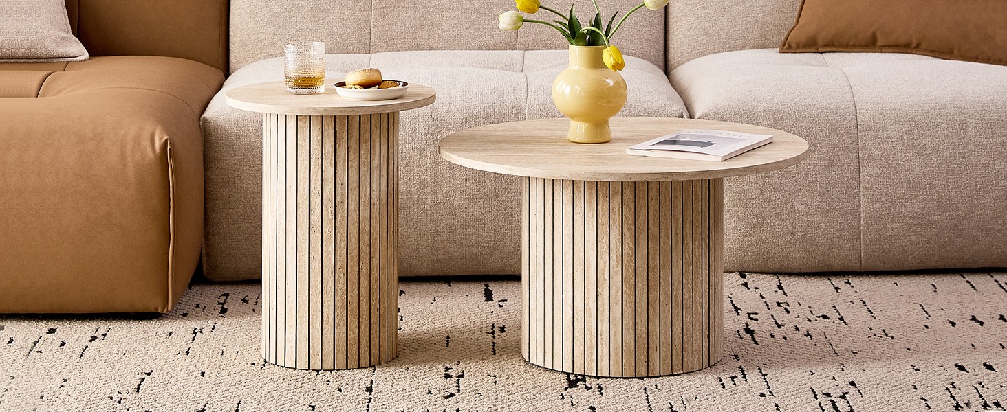 Round Nesting Coffee Tables for Living Room, Set of 2, Natural | φ27.6 + φ15.8