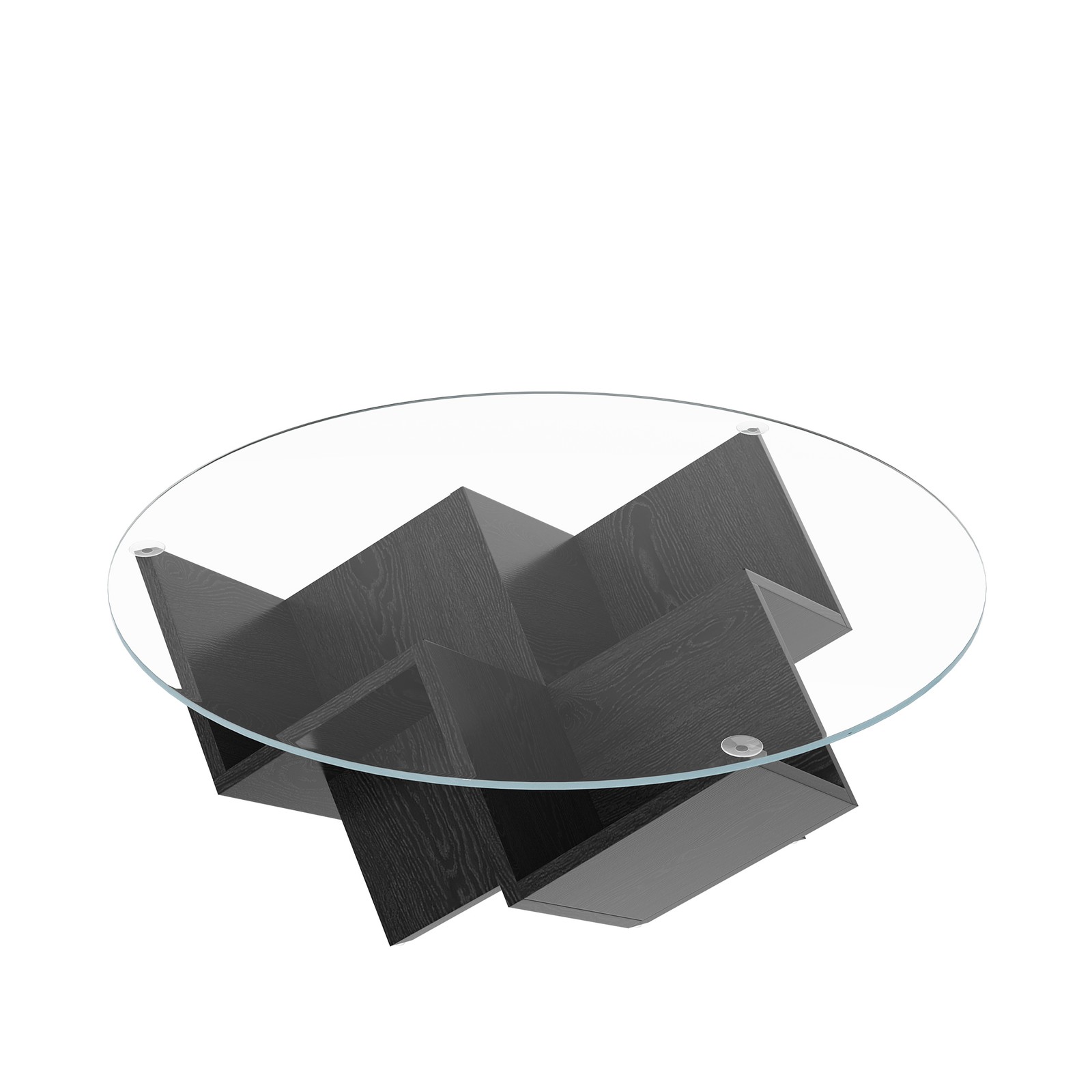 Round Coffee Table with Tempered Glass Top and Geometric Art Deco Storage