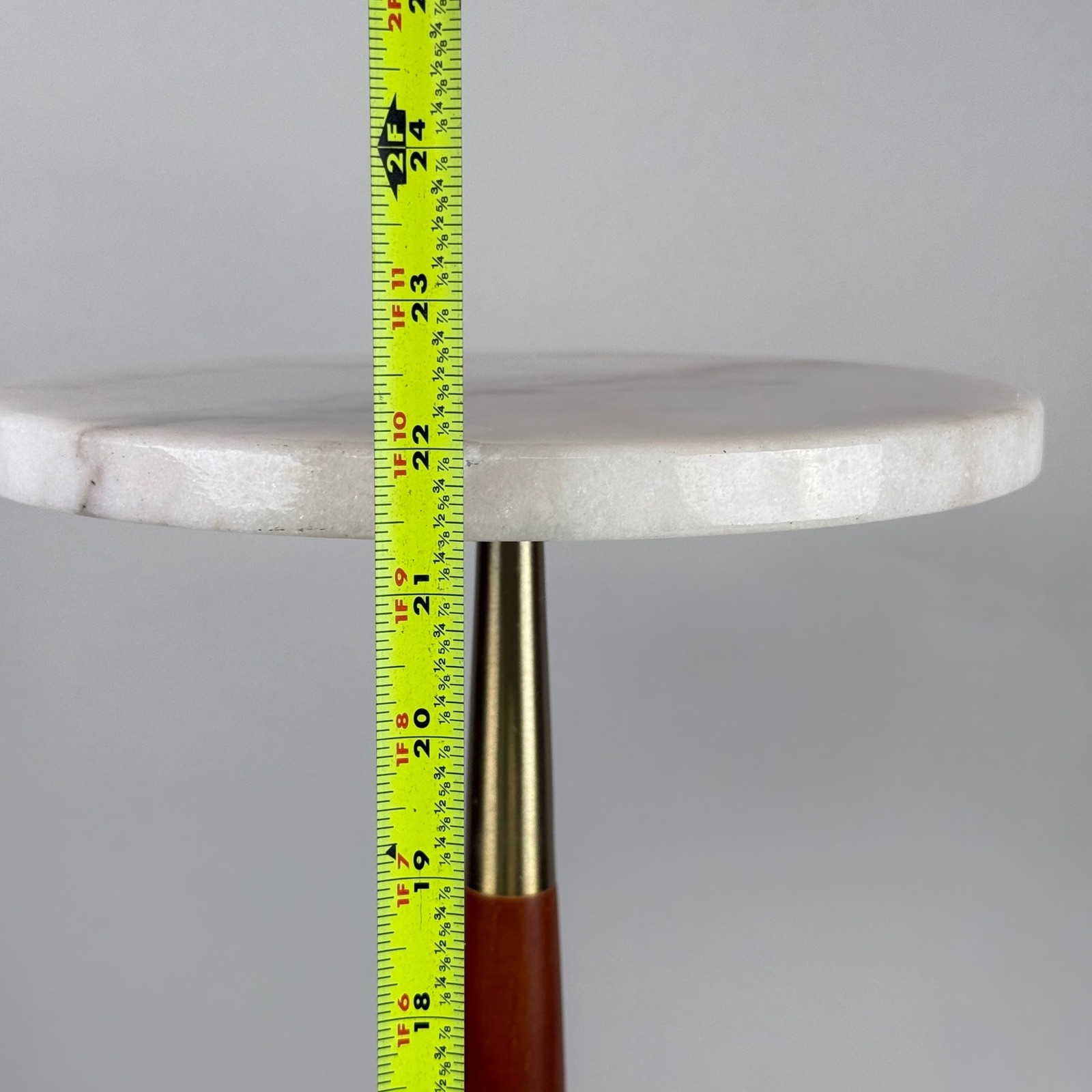 MCM style Martini/Plant Table Accent Pedestal 21.5″ White Marble Wood Brass