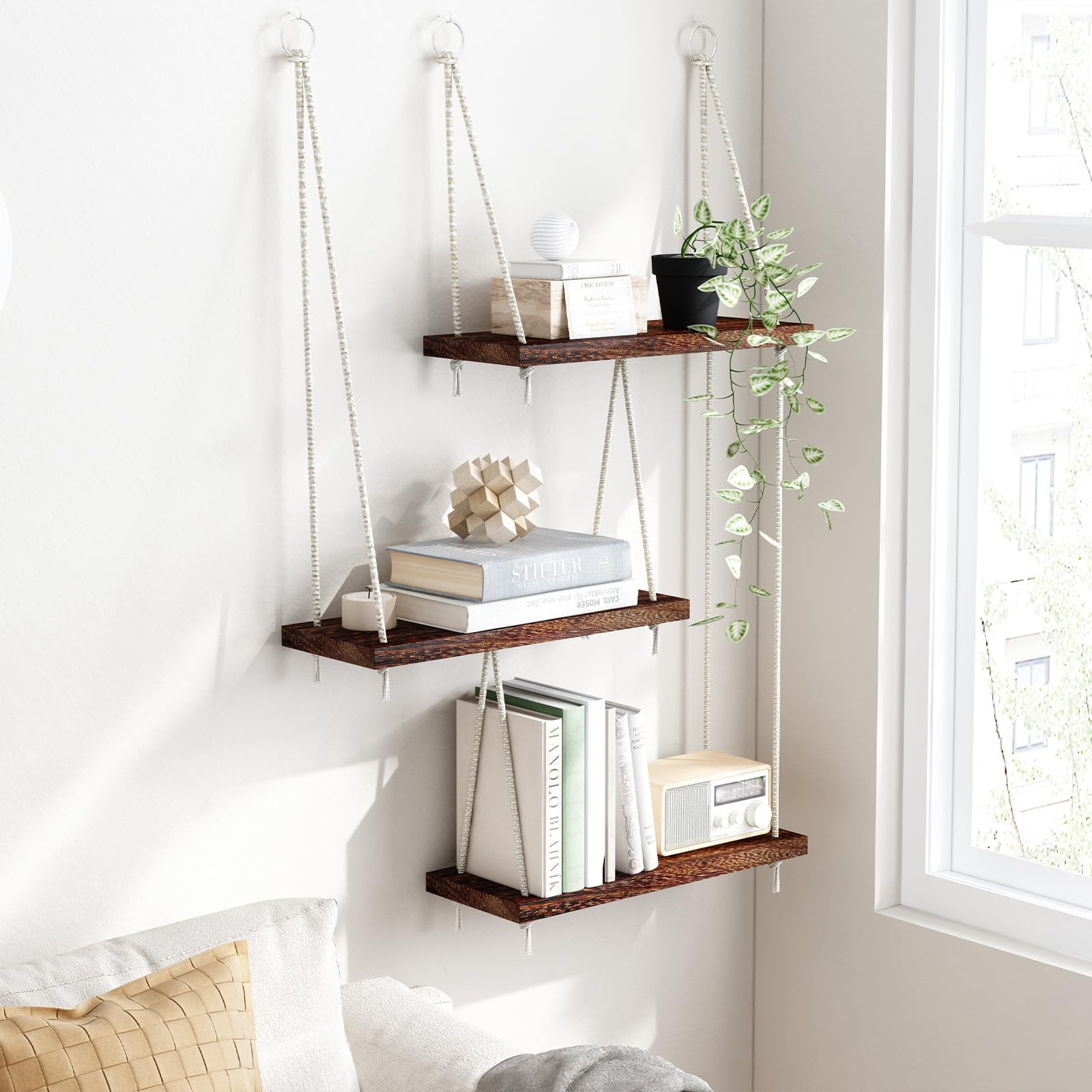 Fixwal Hanging Shelves for Wall, 3 Tier Boho 15.8×5.9×34.8 inches, Dark Brown