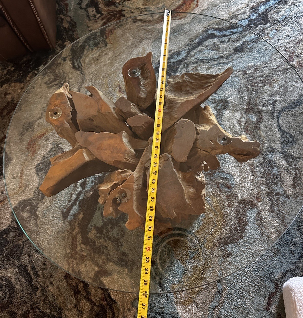 Wood Root Coffee Table Round Glass Top 36”Indonesian Teak Live Edge READ