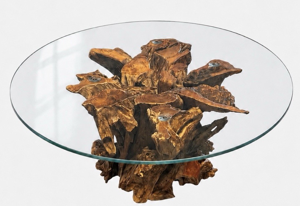 Wood Root Coffee Table Round Glass Top 36”Indonesian Teak Live Edge READ