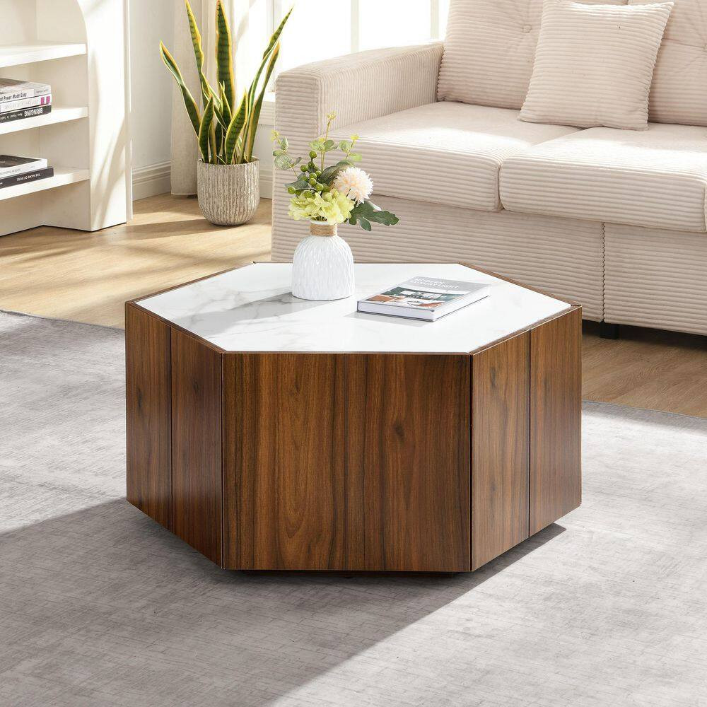 Judson Retro 31.5 In. Walnut and White Hexagon Faux Marble MDF Top Coffee Table