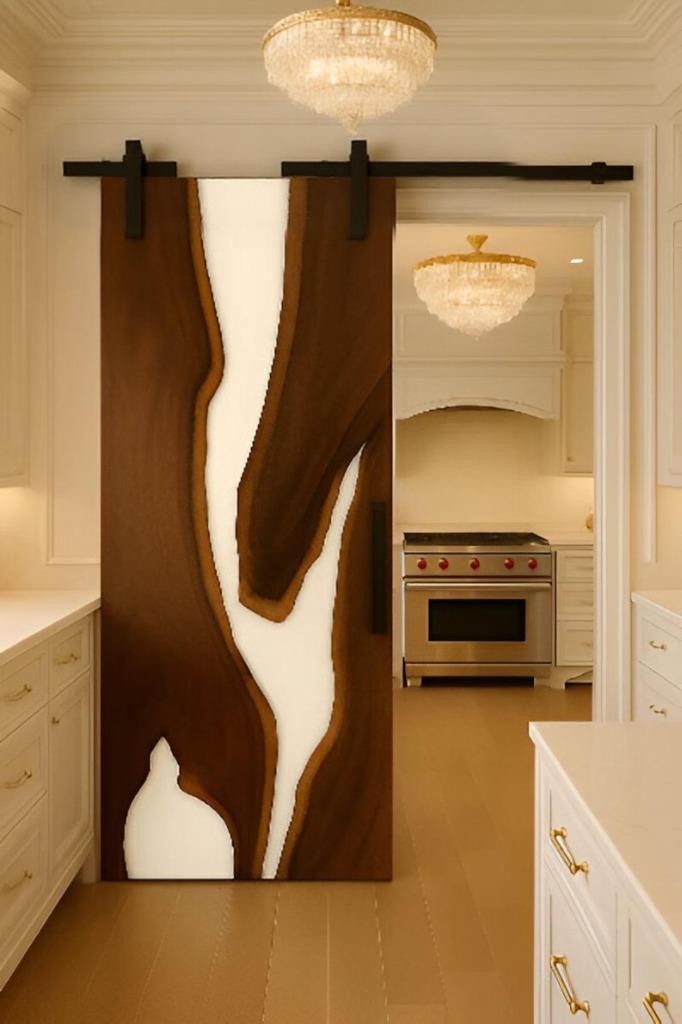 Glossy White Epoxy Resin Barn Door – Custom Handmade Door for Interior Design