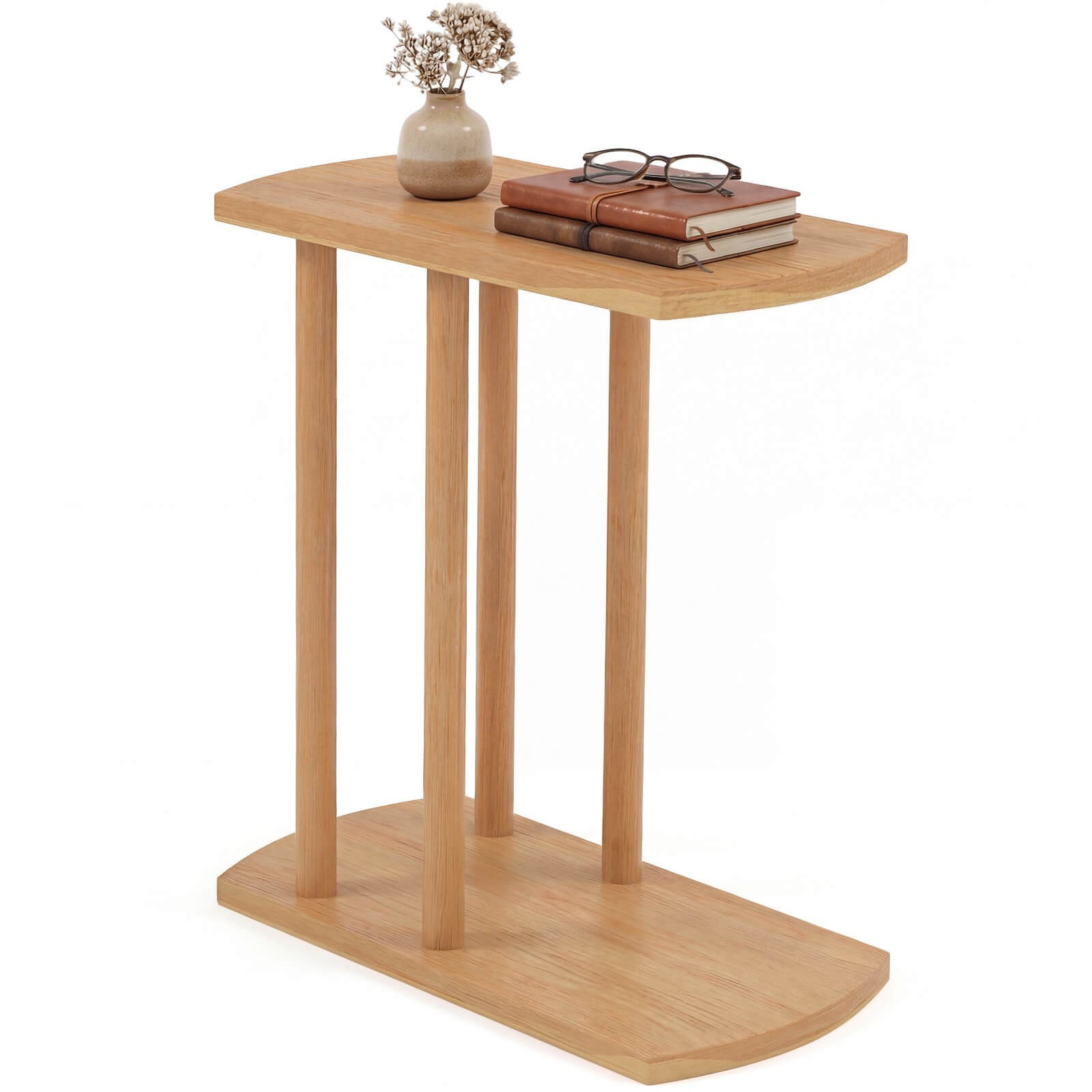 C-shaped Teak Wood Side Table w/Thickened Top & Sturdy Base for Small Spaces