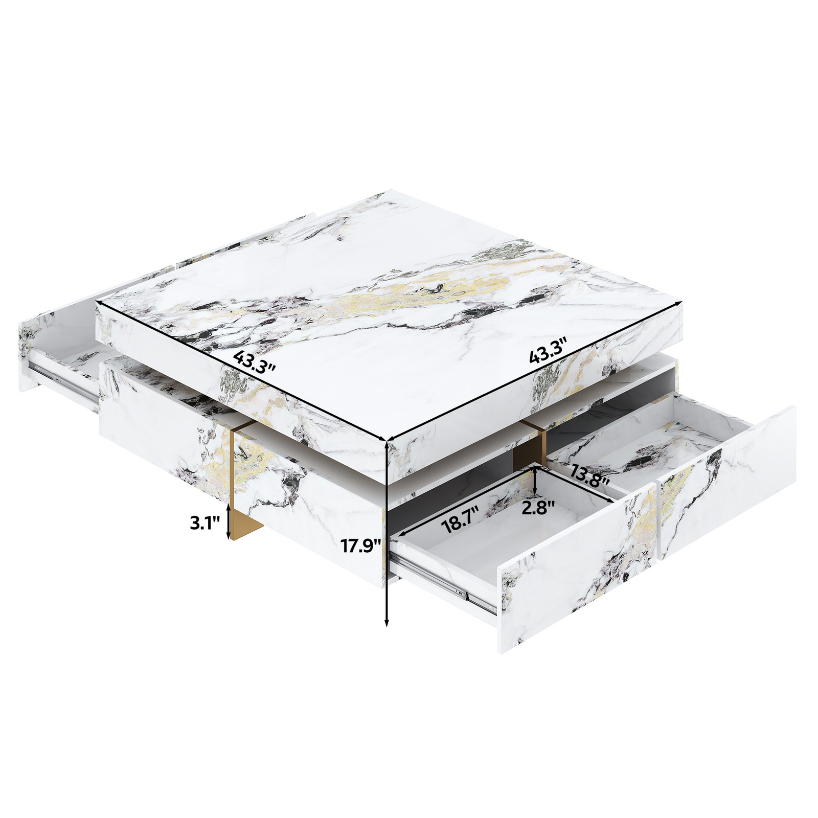 Modern White Square Marble Coffee Table with 4 Drawers, 43.3″