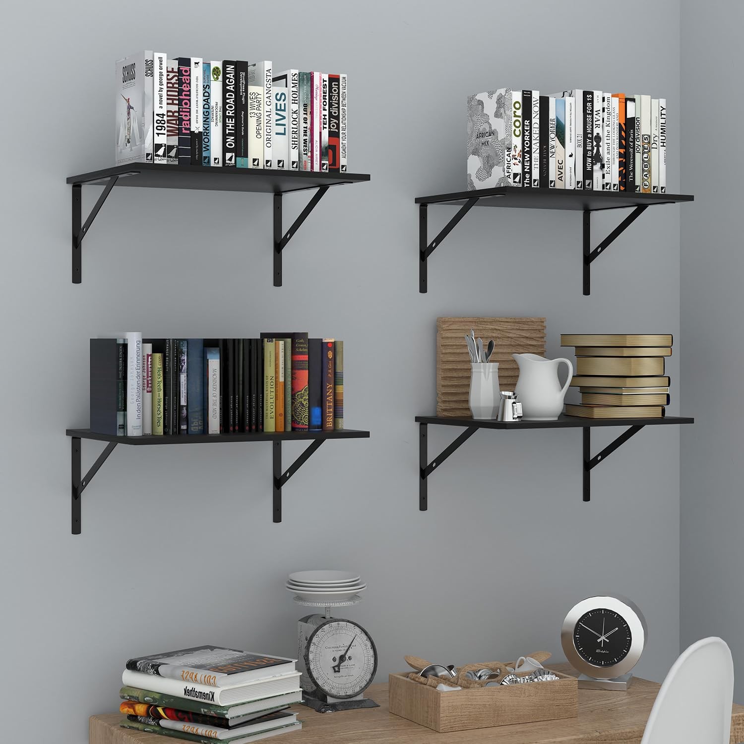 Deep Floating Wall Shelves – 4 Sets of 15.8 inches x 12 inches, Black