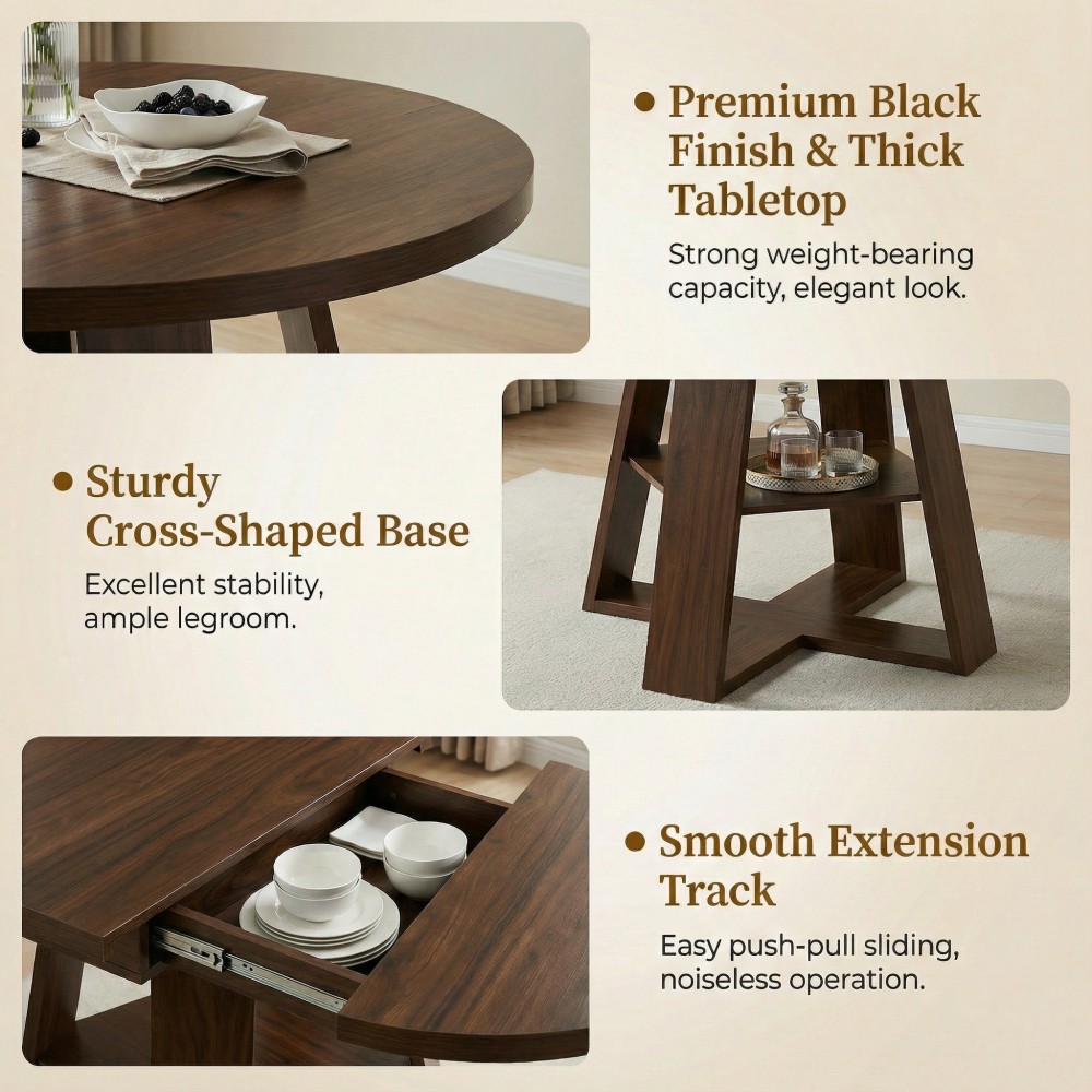 43-59″ Extendable Round Dining Table, Walnut, Space-Saving with Storage Shelf