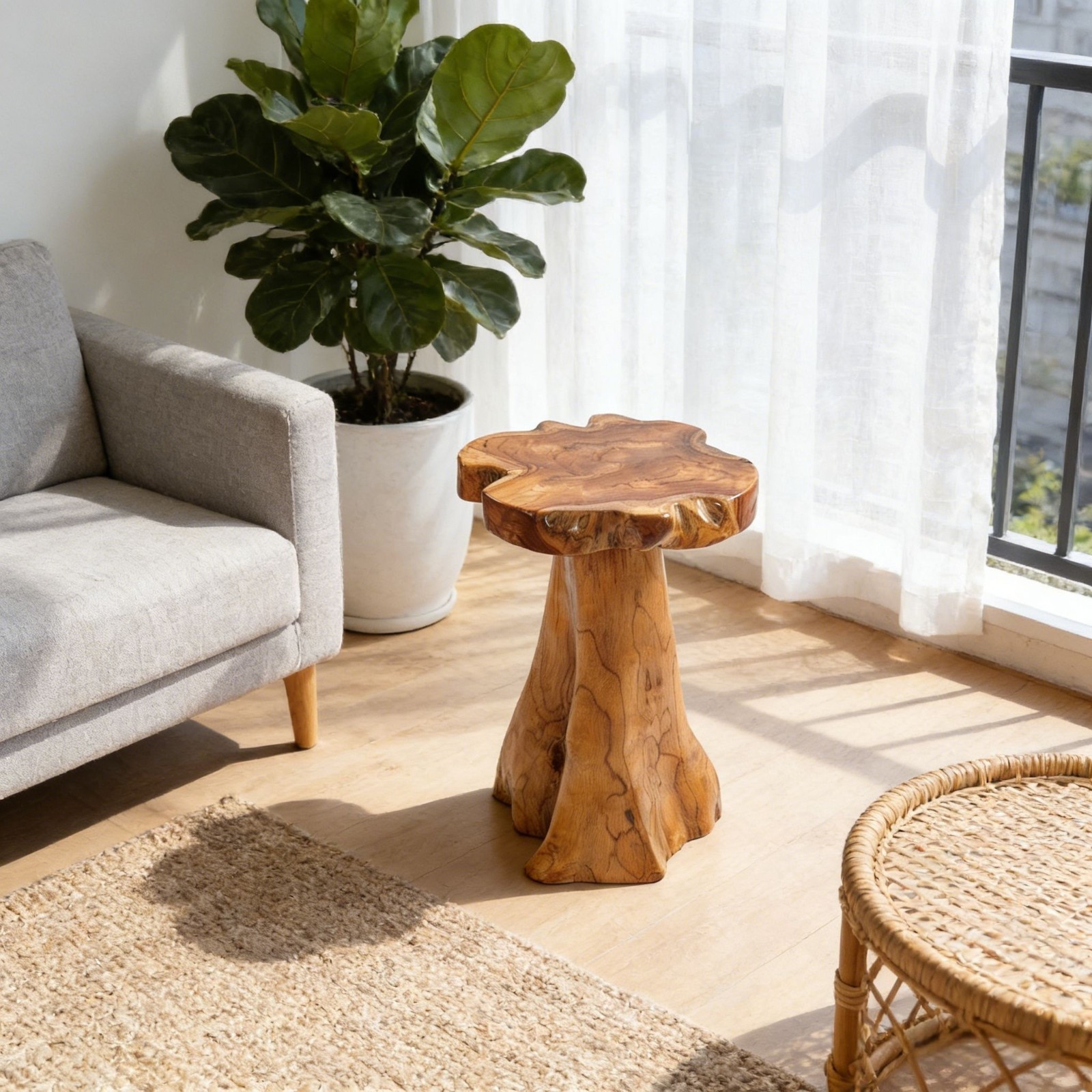Rustic Teak Tree Stump Table – Live Edge Side Table or Stool, Natural Wood, Gift