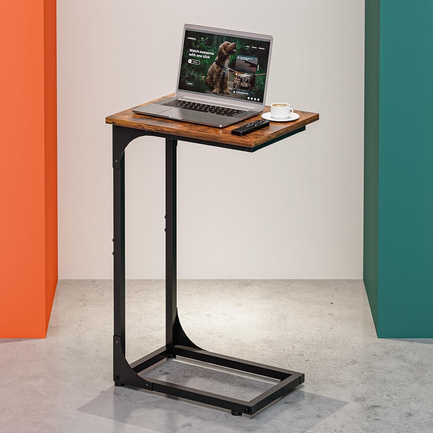 Compact C-Shaped Side Table with Waterproof Top – Rustic Brown & Metal Frame