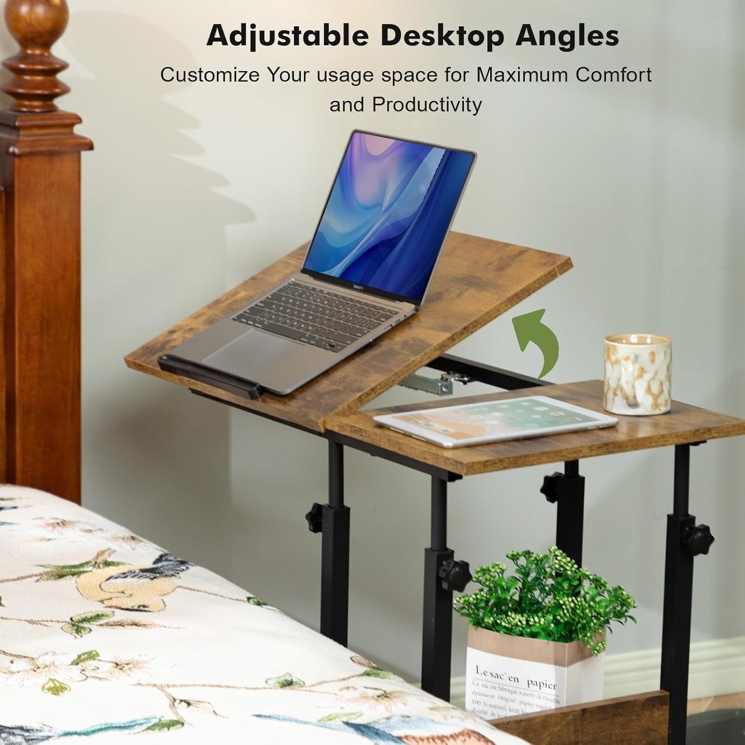 Height Adjustable C-Shaped End Table with Tilt Top & USB Charging – Rustic Brown