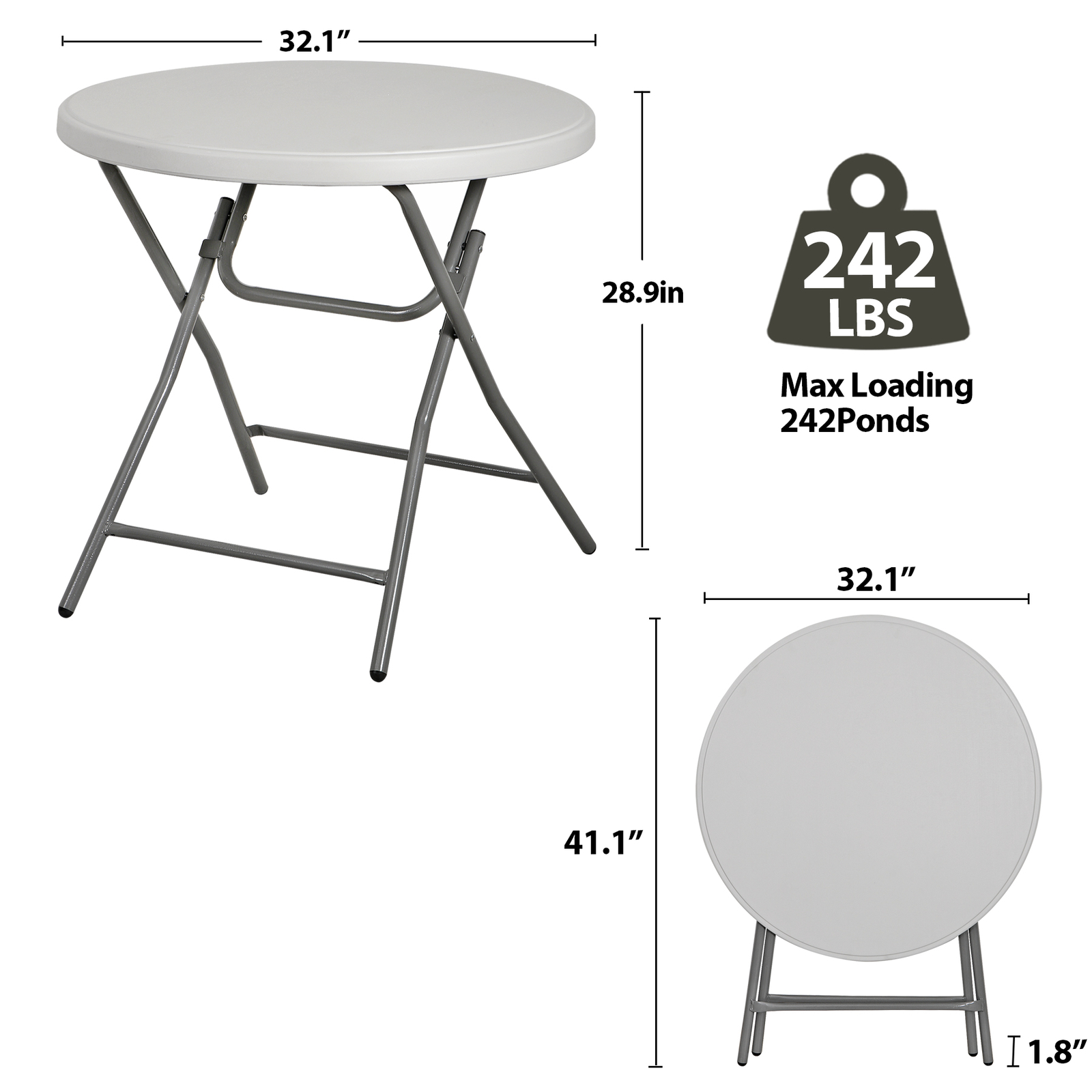32″ Folding Table Round Plastic Cafe Dining Card Table In/Outdoor Party White