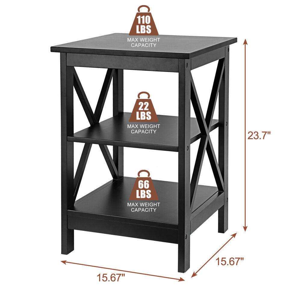 3-Tier Side Table 24″ End Table X-Design with Storage Shelves Black/White/Brown