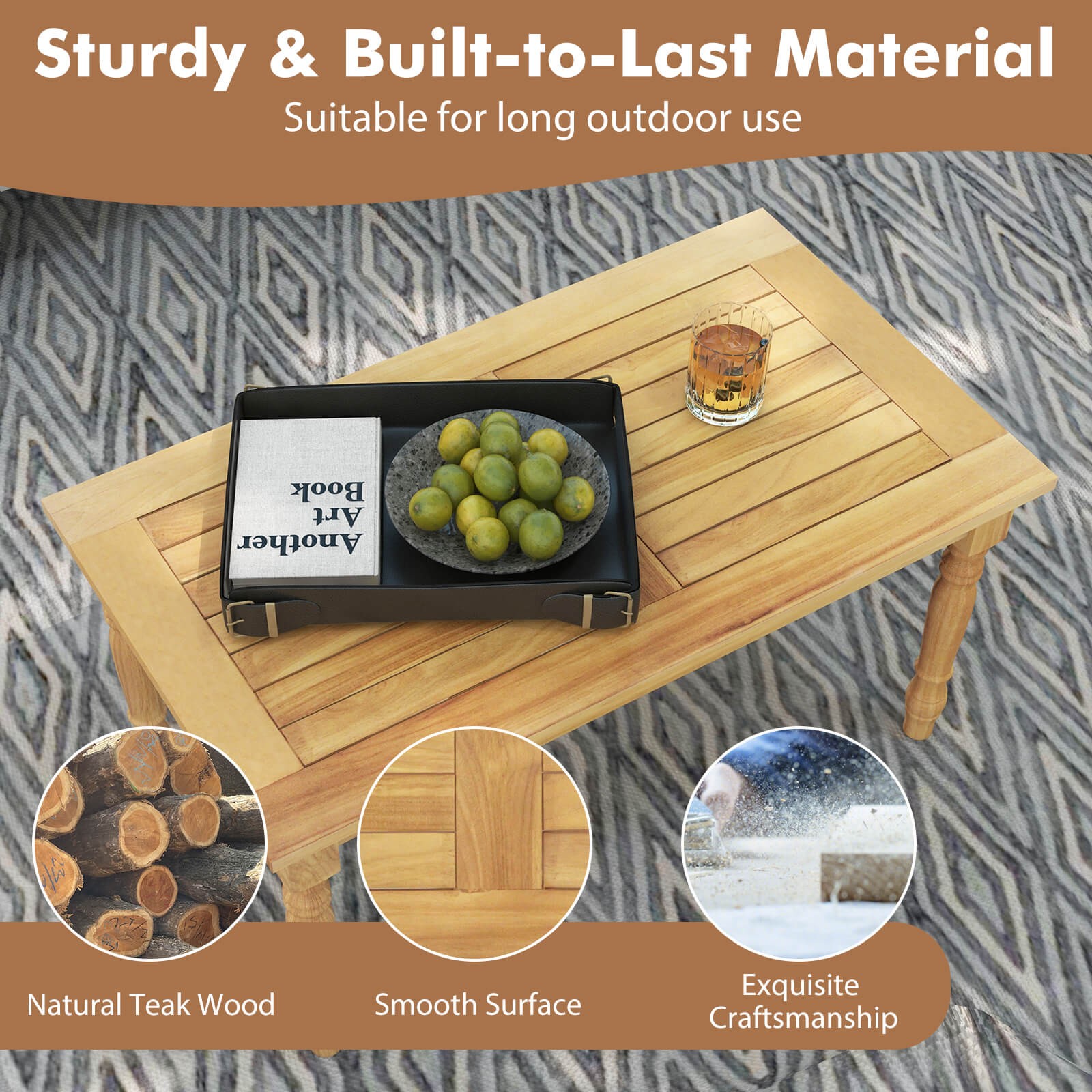 Patio Coffee Table w/ Solid Teak Wood Structure Slatted Tabletop for Backyard