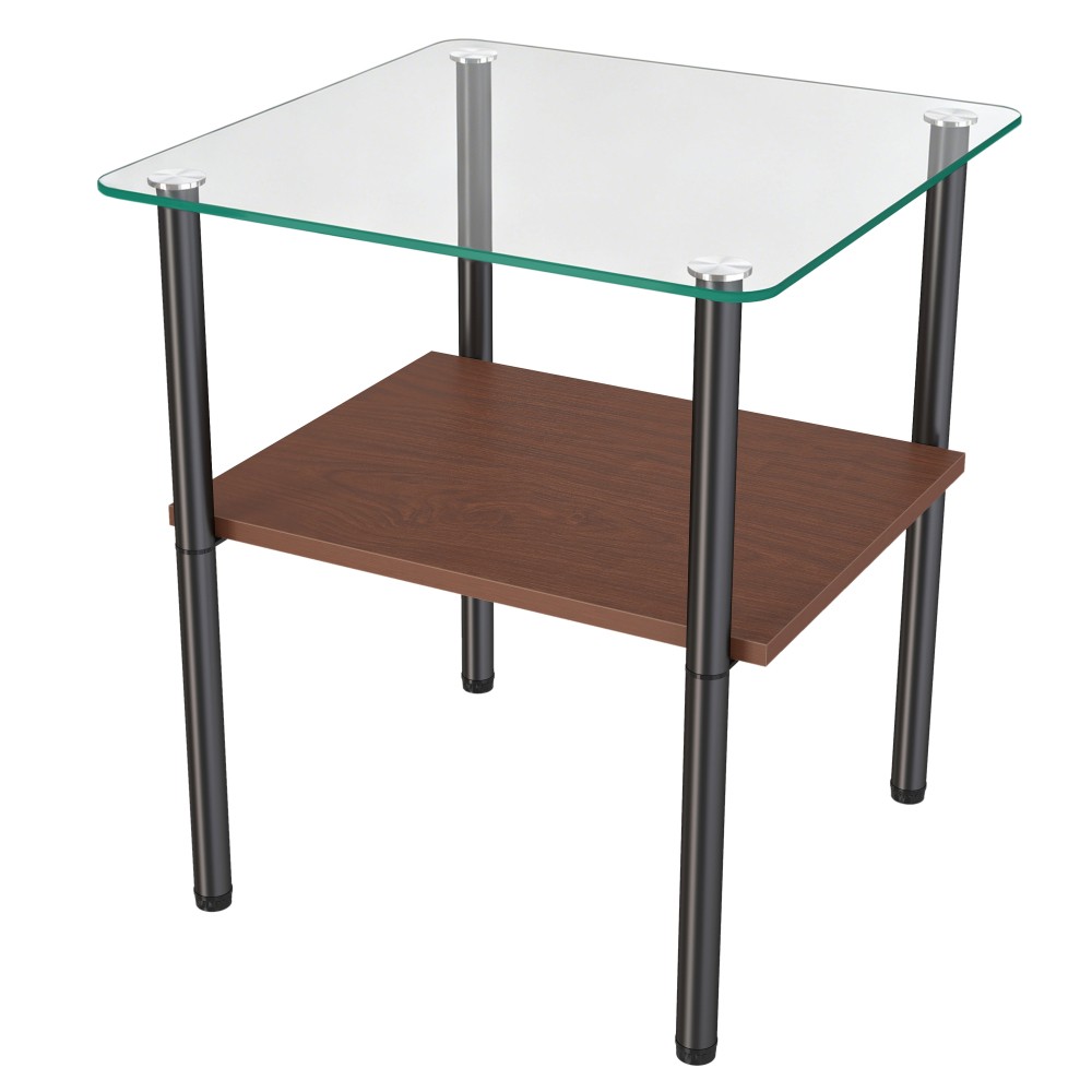 Modern 2-Piece Glass Side Table, Tempered Top with Storage Shelf, Metal Legs
