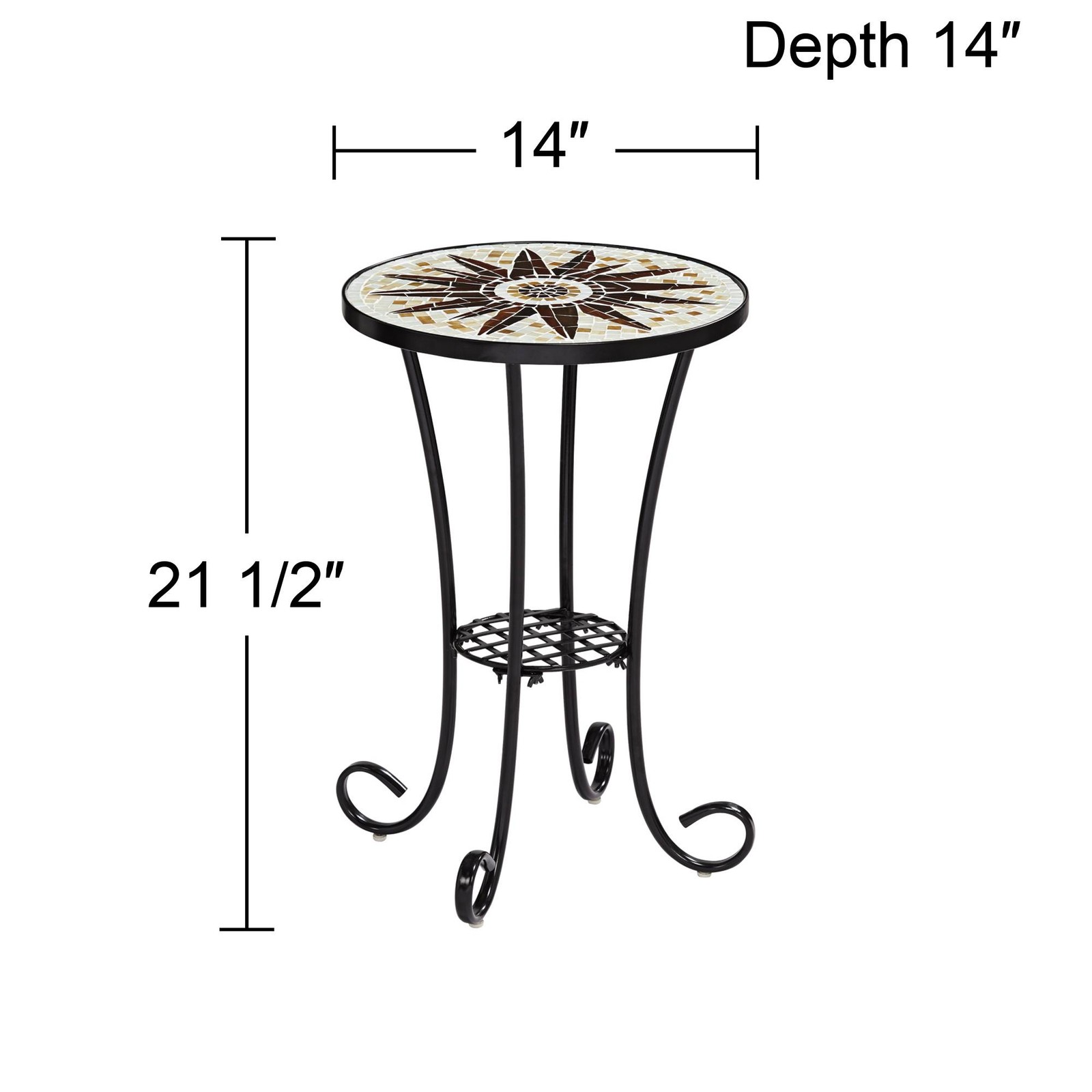Modern Black Round Outdoor Accent Table 14″ Wide Brown Sunburst Mosaic for Porch