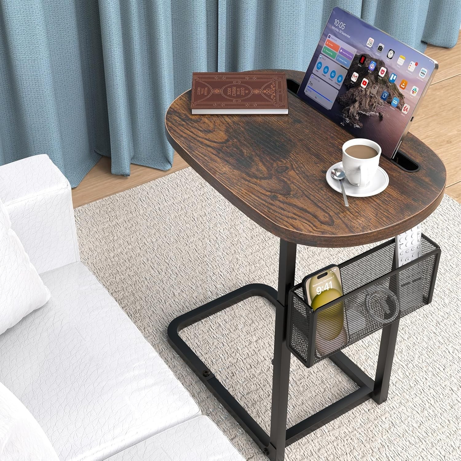 TV Tray Table with Storage Baskets Adjustable Height Couch Side End Table