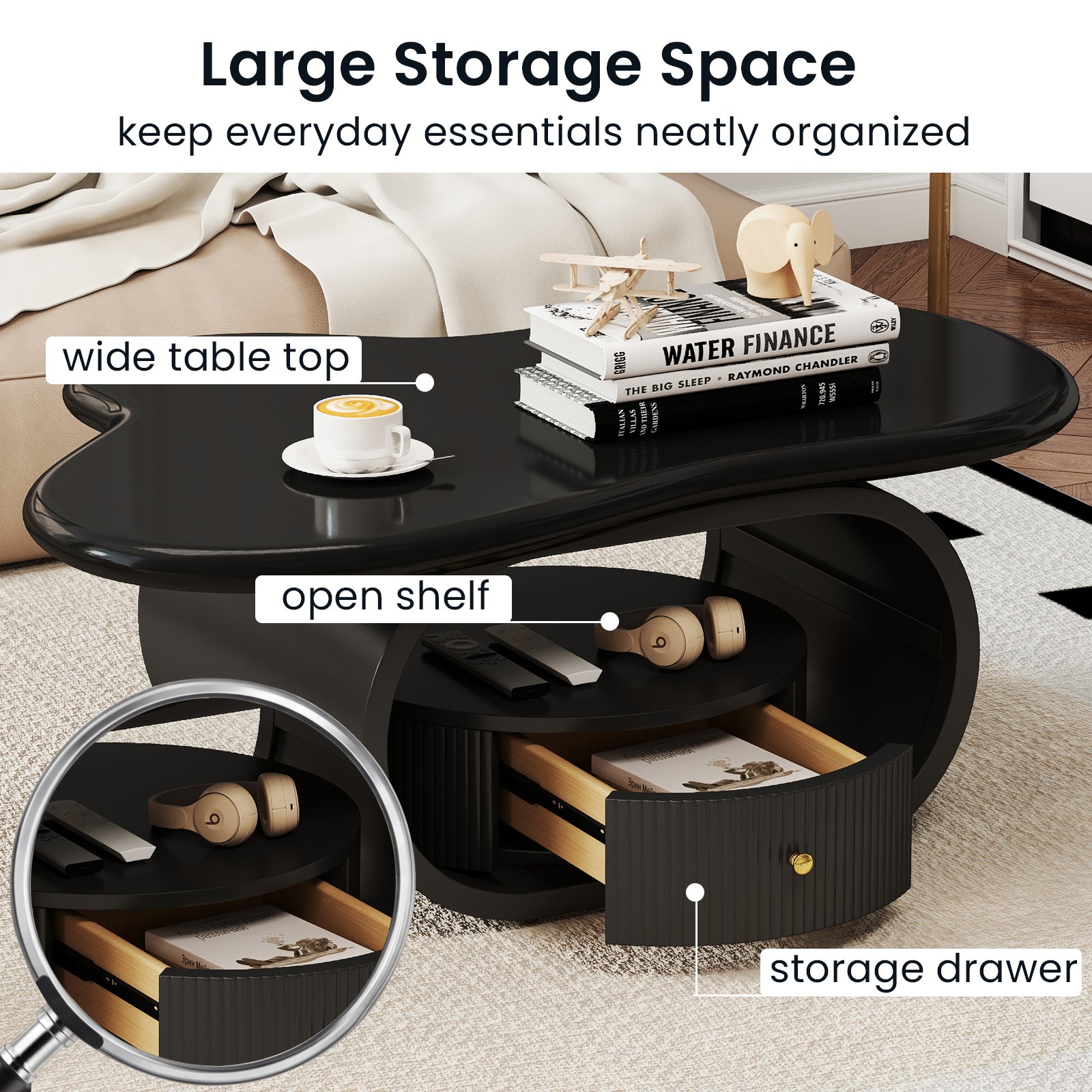 Modern 39″ Black Coffee Table Cloud Center Table MDF Metal w/ Drawer Living Room