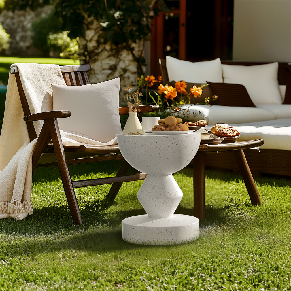 Unique Lightweight Concrete Side End Table Outdoor Faux Terrazzo Thick Pedestal