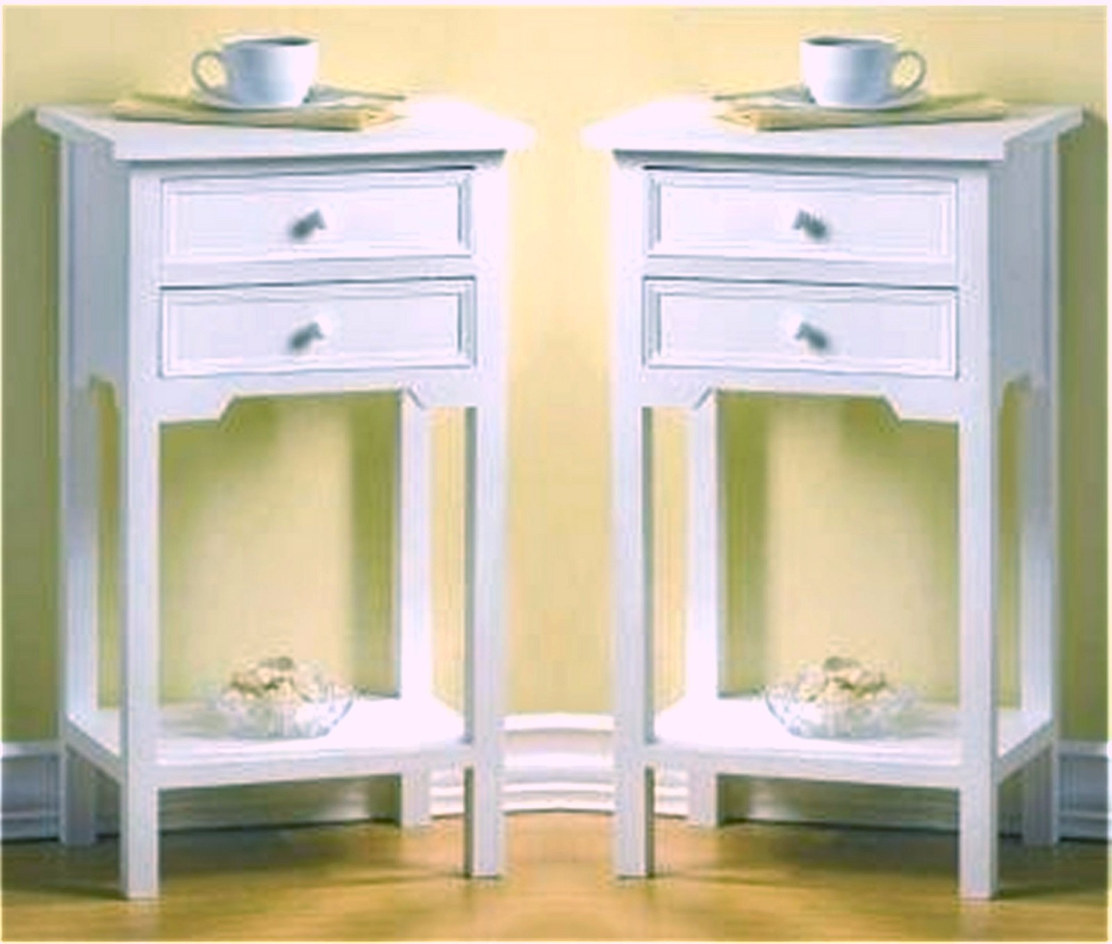 Set of 2 * WHITE CEDAR WOOD SIDE-END-NIGHT TABLES * 2 Drawers-Shelf * NIB